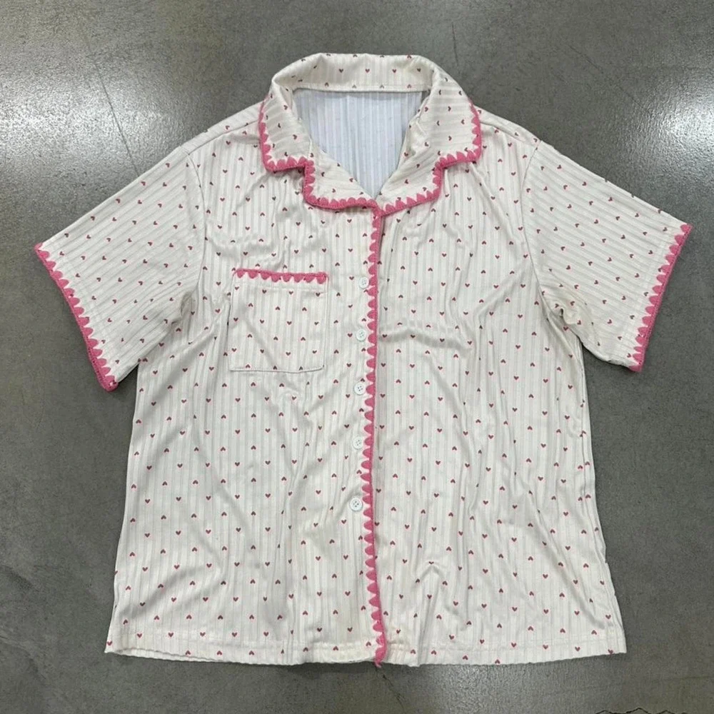 Coquette Pink Heart Ribbed Button Up Pajama Sleep Shirt Women's
